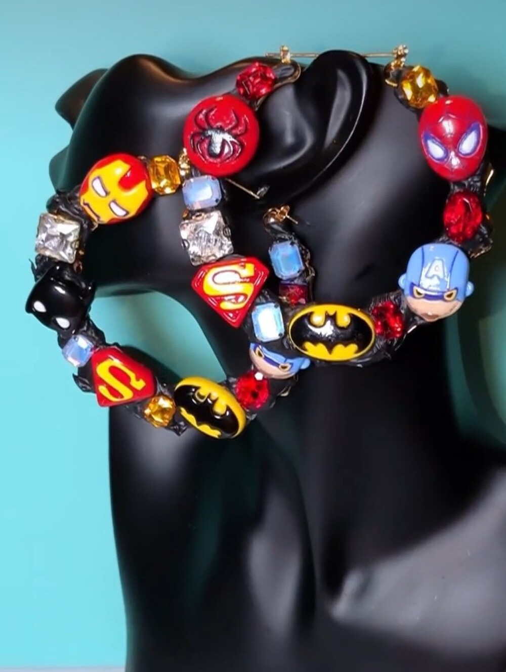 Hand Crafted Superhero Charm Hoop Earrings in Red, Yellow & Blue